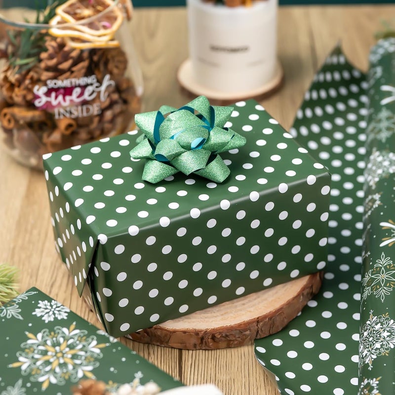 MAYPLUSS Christmas Wrapping Paper Roll - 17IN X 33FT - Green Gift Wrapping Paper Featuring Snowflake Against Dark Green Reversible Polka Dot for Kids, Holiday, New Year - Image 5